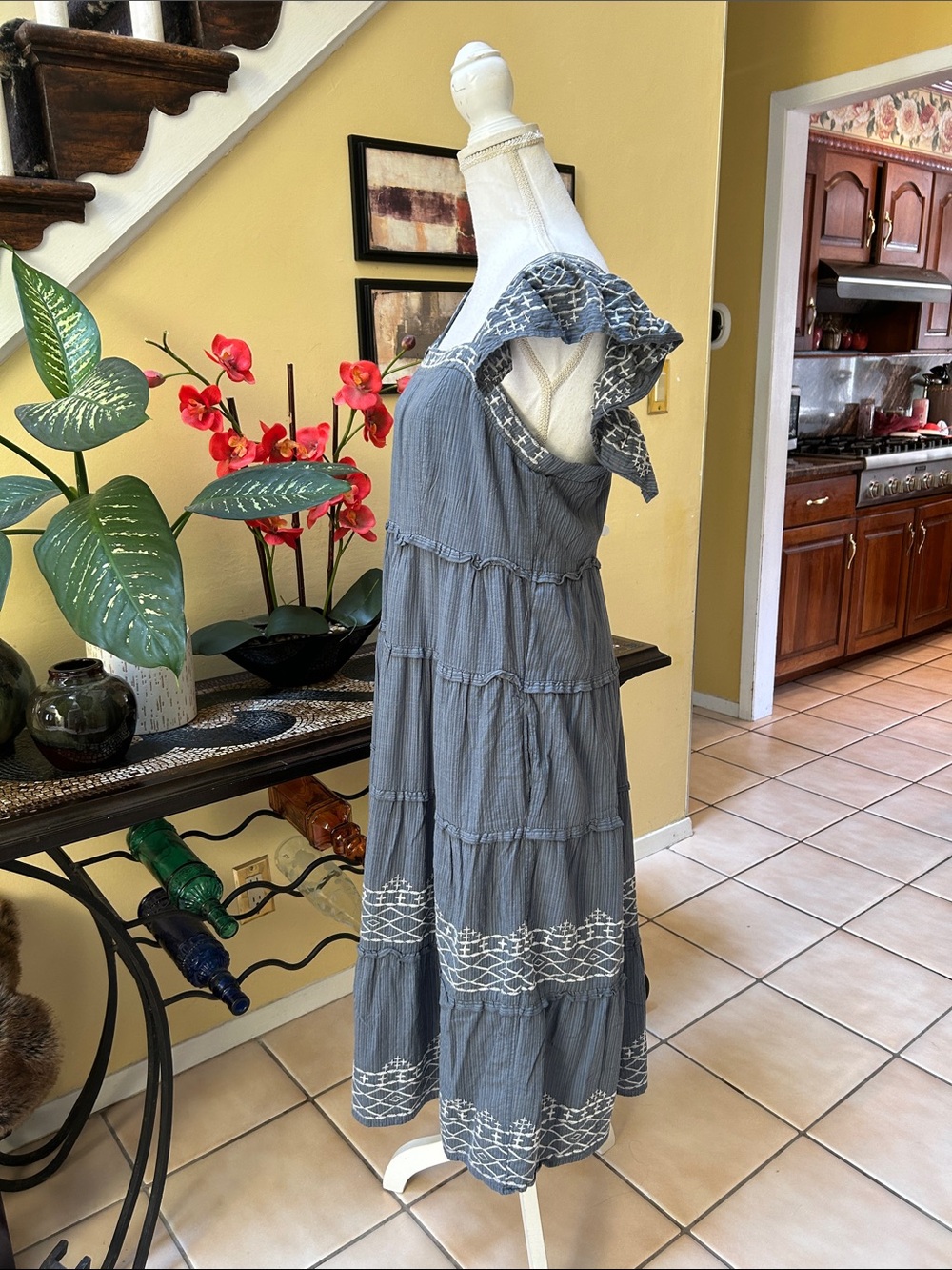 Knox Rose Square Neck Blue Grey Tiered Ruffle Embroidered Cotton LARGE Sundress - Picture 8 of 16